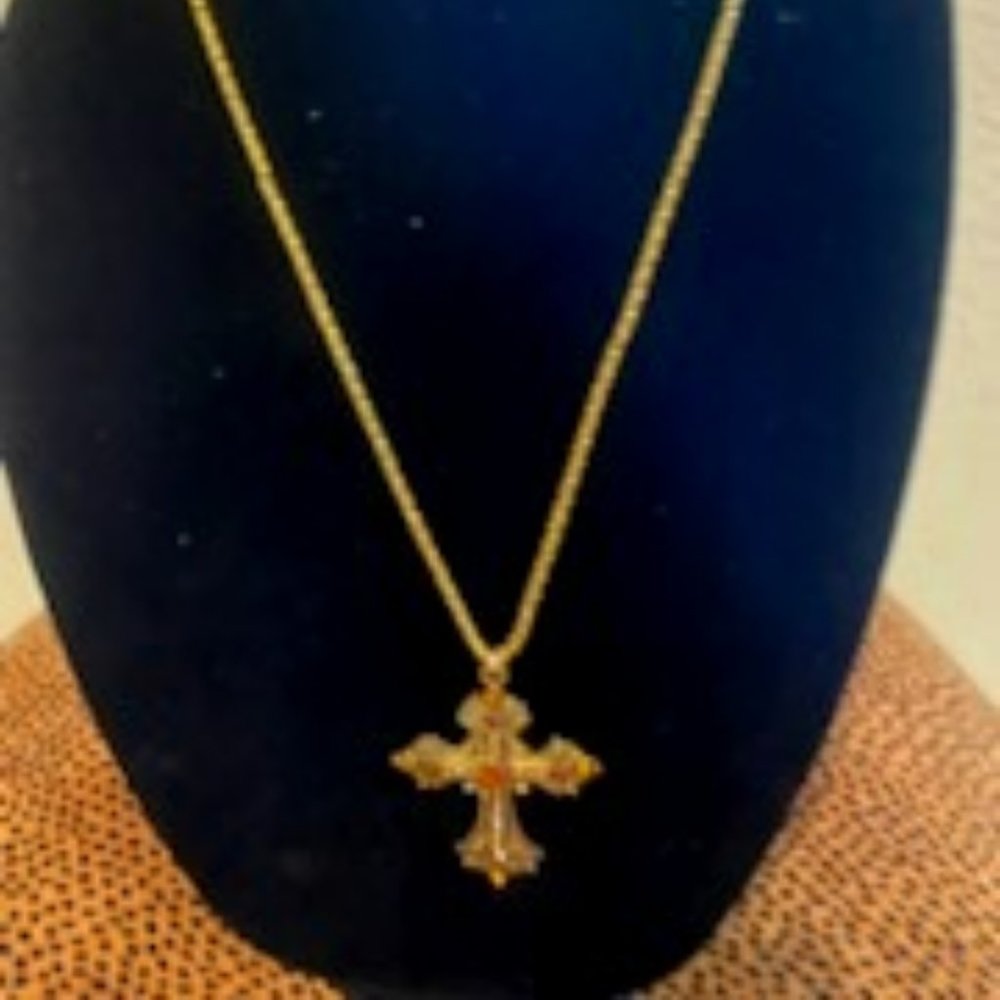 Gold Cross Pendant with Pink Stones on Gold chain